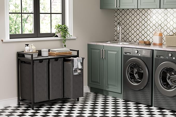 Laundry Hamper with Shelf, Laundry Basket 3 Section, Laundry Sorter with Pull-Out Removable Large Bags and Movable Wheels, Metal Frame, 3 x 15.87 Gallons (60L), Black and Gray PF04XLC