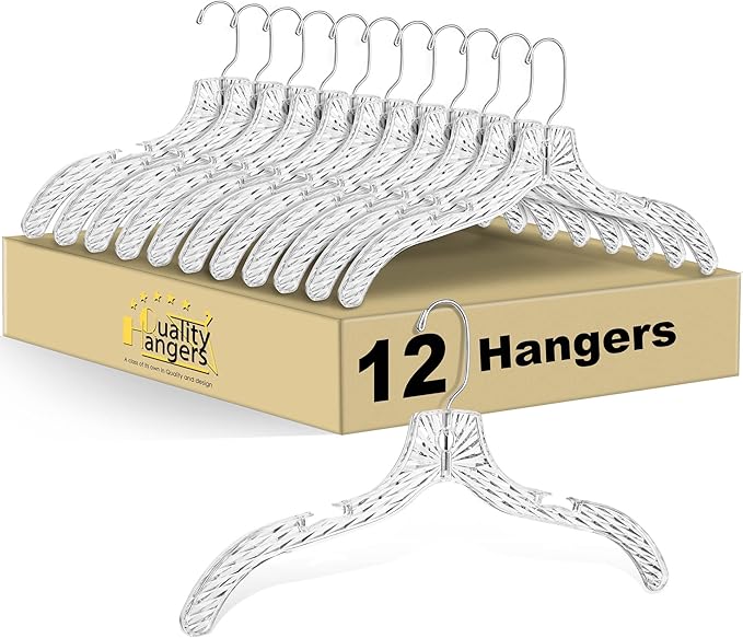 Quality Clear Plastic Hangers 12 Pack - Durable Crystal Cut Heavy Duty Hangers for Clothes, Shirts, Suits, Coats, Dresses