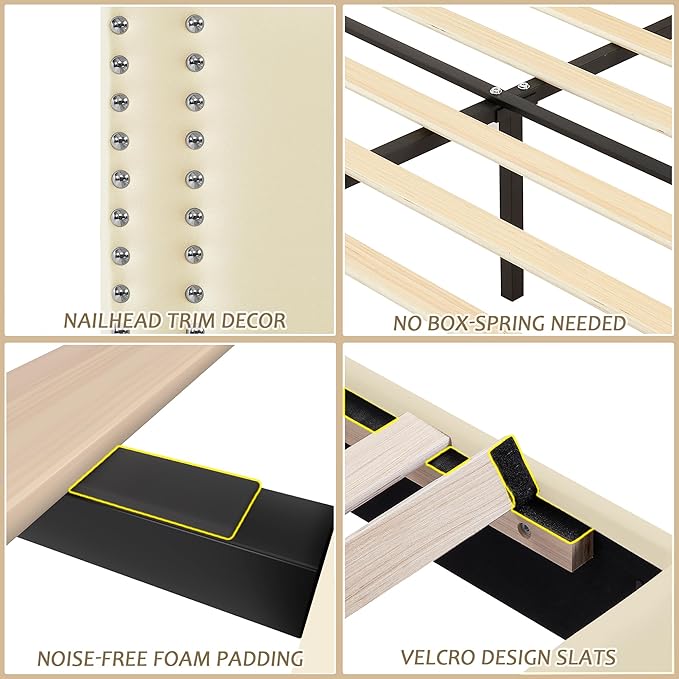 VECELO Full Size Bed Frame with Adjustable Upholstered Headboard, Wooden Slats Platform, Noise-Free Design, Easy Assembly