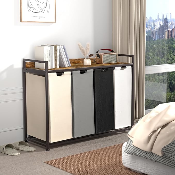 Laundry Hamper with Shelf, Laundry Basket 4 Section, Laundry Sorter with Pull-Out Removable Large 4 Color Bags and Movable Wheels, Metal Frame, 4 x 15.87 Gallons (60L), Rustic Brown PF07XLN