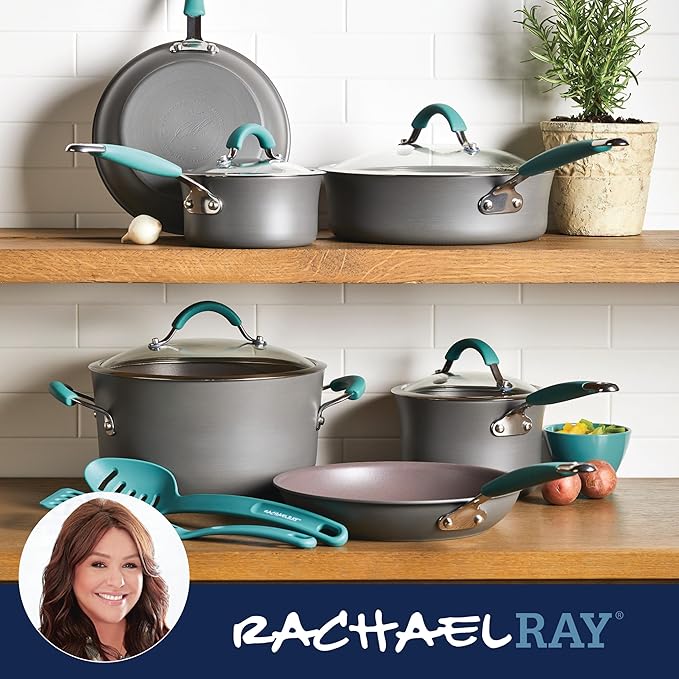 Rachael Ray Cucina Hard Anodized Nonstick Cookware Pots and Pans Set, 12 Piece, Gray with Blue Handles