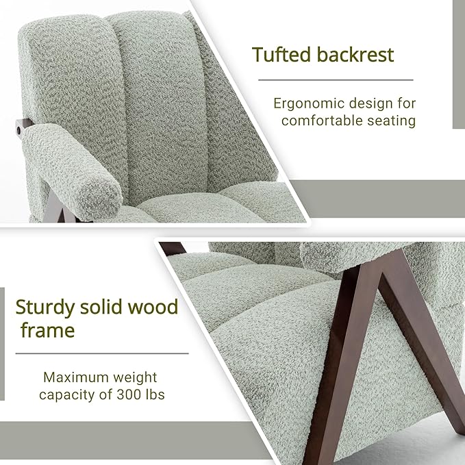 Mid Century Modern Accent Chair with Solid Wood Frame, Boucle Upholstered Living Room Chairs with Thick Cushion, Comfy Tufted Arm Chair for Bedroom, Sage