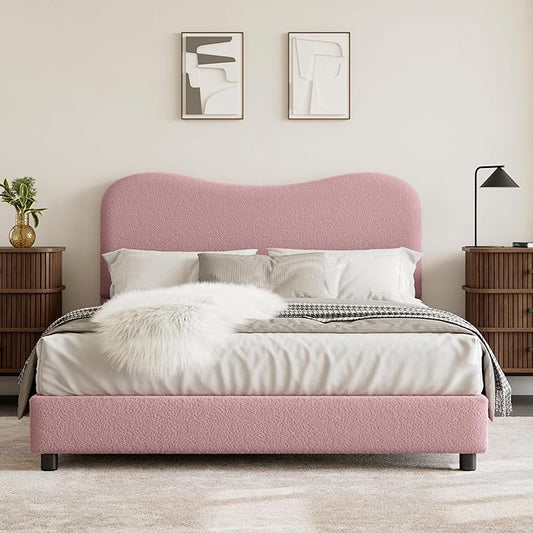 GarveeHome Velvet Queen Bed Frame with Headboard, Upholstered Low Profile Platform Bed, No Box Spring Needed, Strong Wooden Slats, Noise Free, Easy Assembly, Pink