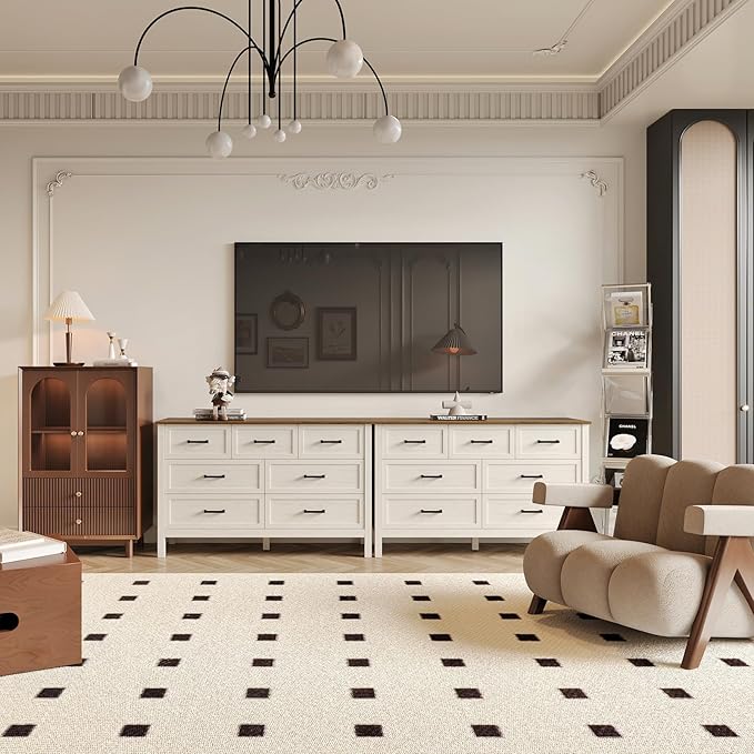 Farmhouse 7 Drawers Dresser for Bedroom, Modern Dresser with Metal Handle, Natural Texture, Wood Rustic Chest of Drawers for Bedroom,Living Room,Hallway and Entryway, Antique White