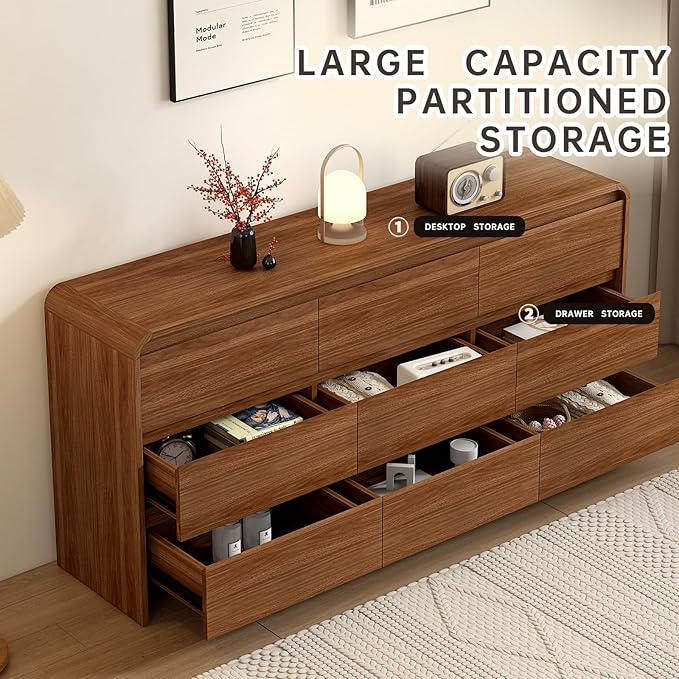 Modern 9 Drawer Dresser, 63-Inch Wood Chest of Drawers, Curved Anti-Collision Design, Mid-Century Storage Cabinet, Pre-Embedded Slots, Natural Texture, for Bedroom, Living Room, TV Stand