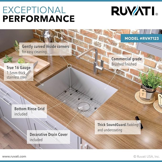 Ruvati 23-inch Undermount 16 Gauge Tight Radius Stainless Steel Kitchen Sink Single Bowl - RVH7123