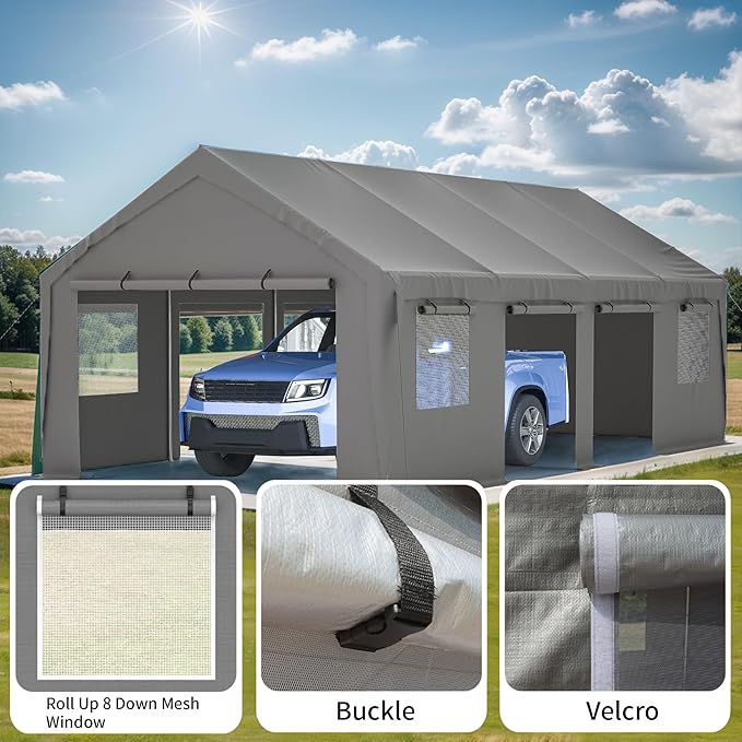 Carport 25x13ft Heavy Duty Canopy Storage Shed,Extra Large Portable Outdoor Garage with 4 Roll-up Doors & 4 Windows and All-Season Tarp Cover UV Resistant Waterproof for Car,Truck,Boat