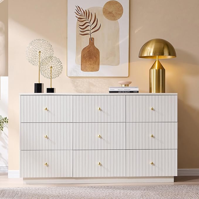 Fluted Dresser for bedroom, 55"W White 9 Drawer Dressers, Wood Tall Dresser Storage Organizer, Modern Bedroom Chest of Drawers with Deep Storage for Closet Hallway, Entryway, Living Room White