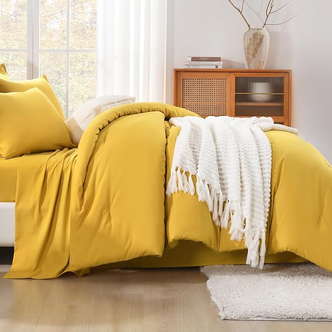 Litanika Comforter Queen Size Set Mustard Yellow - 7 Pieces Bed in a Bag Queen Bedding Comforter Sets, Plain Lightweight Bed Set with Comforter, Sheets, Pillowcases & Shams