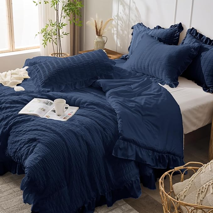 JOLLYVOGUE Navy Blue King Comforter Set, 3 Pieces Seersucker Comforters King Size, Lightweight & Fluffy Bedding Sets King for All Season with 1 Ruffle Comforter and 2 Ruffle Pillowshams