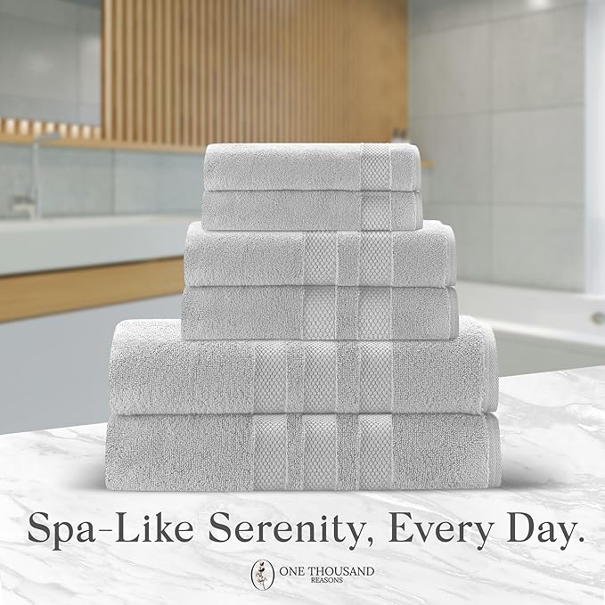 Zero Twist Bathroom Towel Set - Luxury Bath Towel Sets for Bathroom, Hands, and Washcloths - Quick Dry and Absorbent - 6 Pieces, 3 Stripe, Stone