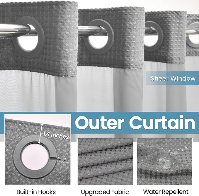 Stall No Hook Shower Curtain with Snap in Liner,230GSM Waffle Weave Shower Curtains for Bathroom,36W x 74H,Grey