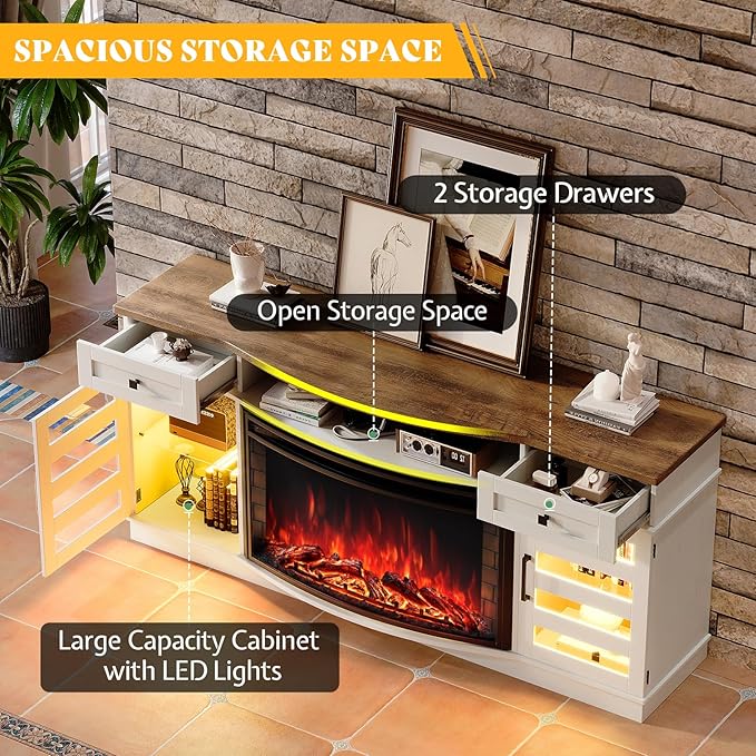 70" Farmhouse Curved Fireplace TV Stand, LED Light Entertainment Center Table with 36'' Upgrade Electric Fireplace TV Console Cabinet for TVs Up to 80", Antique White Barnwood