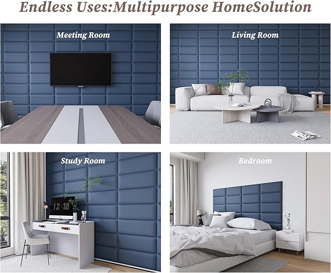 Leather Blue Stick-On Headboard Queen Size Only, 12PCS Upholstered Wall Mounted Bed Panels, Tufted Cabeceras de Cama Queen, Bedroom Decor, 10"x24" Each, Leather - Blue