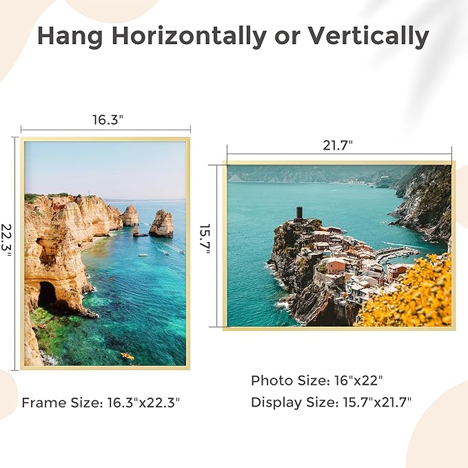 16x22 Metal Picture Frame - Gold Aluminum Picture Frames with Real Glass, Wall Mounting Horizontally or Vertically, Diploma, Certificates and Decor for Wall Gallery 22x16 Frame, Gold