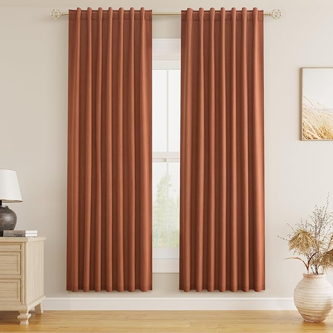 Guken Terracotta Linen Blackout Curtains 72 Inch Length 2 Panels Set for Living Room Bedroom Back Tab Thermal Insulated 100% Black Out Linen Drapes Room Darkening Window Curtains 72 Inches Long