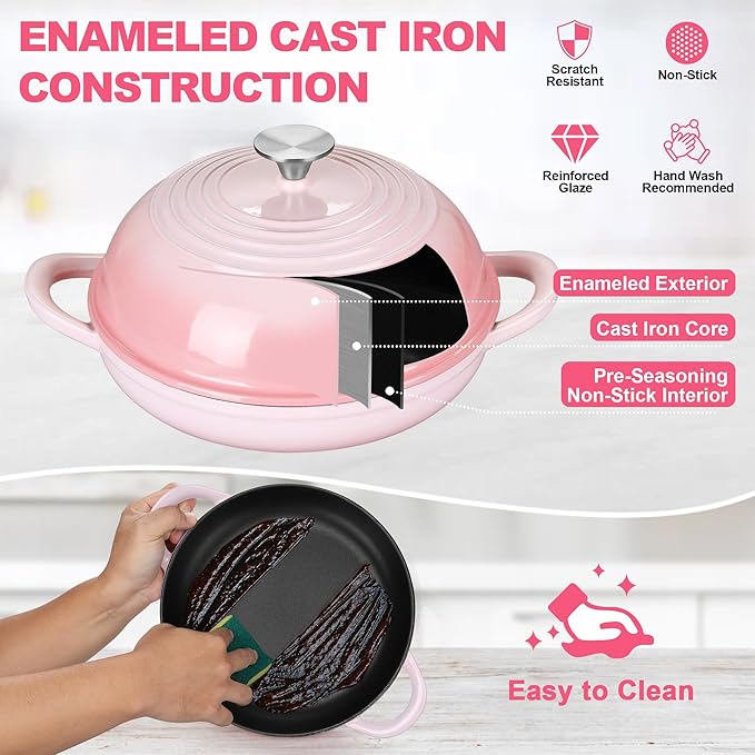 TeamFar Cast Iron Bread Dutch Oven, 6 Qt Enameled Dutch Oven Pot for Sourdough Bread Baking, with Tall Dome Lid & Round Base Pan, Self-Basting & Even-Heating, Heavy-Duty & Non-stick, Pink