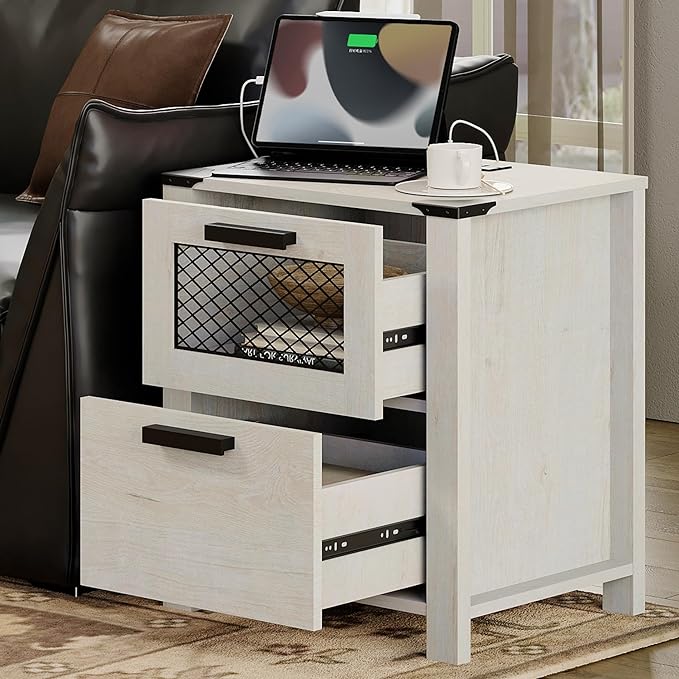 WAMPAT TV Stand Set for 85 inch TV with Charging Station, 3 in 1 Wood Entertainment Center TV Console Table for Living Room, Antique White