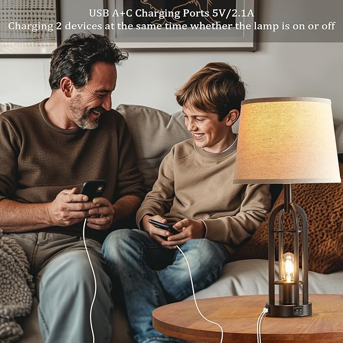 Black Table Lamps for Living Room Set of 2 - Farmhouse Lamps for Night Stands with USB A+C, Bedside Lamps for Bedroom, 24'' Industrial Lamp for Living Room End Tables