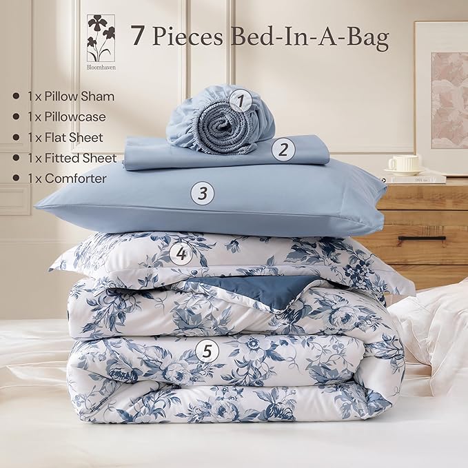 King Comforter Set -7 Pieces Floral Blue Comforter Set for All Seasons, Bed in a Bag King with Botanical Flowers Comforter, Sheets, Pillowcases & Shams