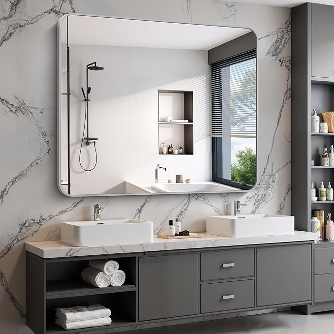 48x40 Inch Silver Bathroom Mirror, Large Rectangle Mirror, Metal Framed Rectangular Vanity Mirror, Rounded Corner Wall Mounted Mirror for Living Room Bedroom Entryway Horizontal or Vertical