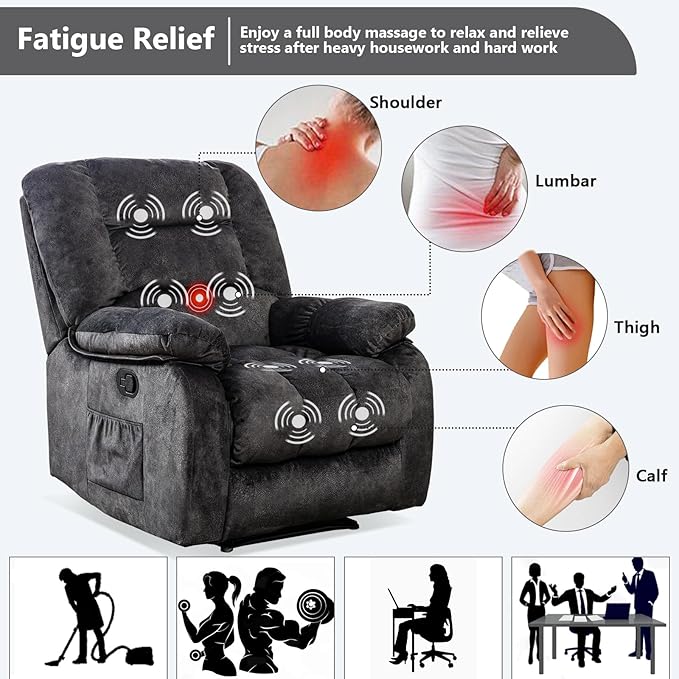 ANJHOME Overstuffed Massage Recliner Chairs with Heat and Vibration, Soft Fabric Single Manual Reclining Chair for Living Room Bedroom (Grey)