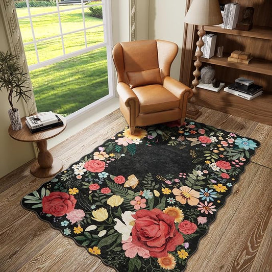 Washable Floral Rugs, 4'x6' Black Area Rugs for Living Room Dining Room, Non Slip Lightweight Low-Pile Stain Resistant Boho Vintage Throw Carpet for ‎Office Entryway