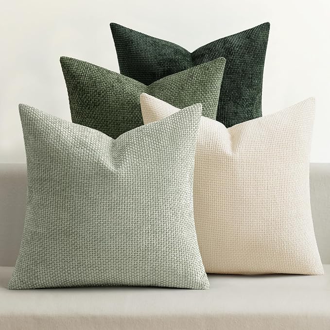 MIULEE Pack of 4 Couch Throw Pillow Covers 20x20 Inch Neutral Green Soft Decorative Chenille Pillow Covers Farmhouse Accent Cushion Covers for Boho Home Decor Spring Sofa Bedroom Living Room
