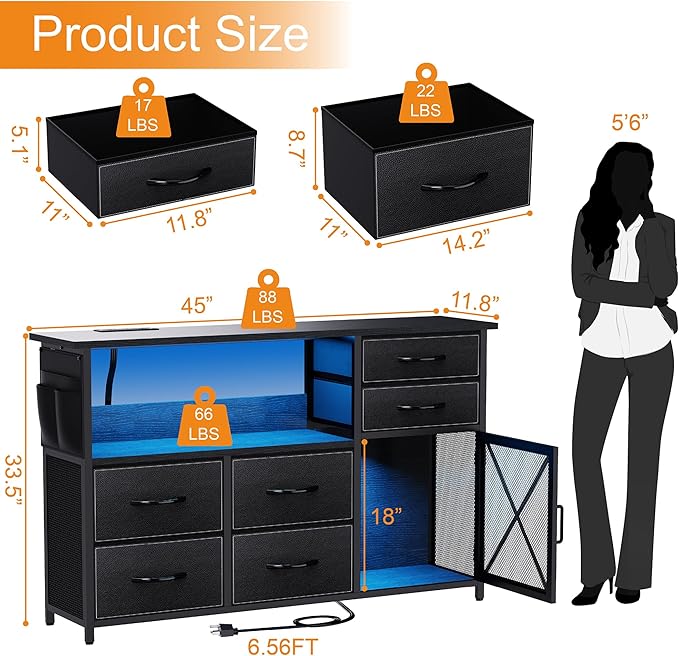 Dresser for Bedroom with LED Lights, TV Stand with Charging Station for 50 inch TV, 6 Drawers Chest with Door and Side Storage, Long Metal Dresser Table for Living Room, Black