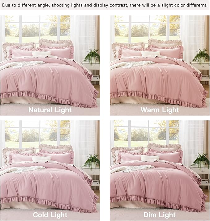 Litanika Grayish Pink King Size Comforter Set, 3 Pieces Ruffle Farmhouse Aesthetic Bedding Comforter Set, All Season Soft Lightweight Fluffy Microfiber Bed Set(104x90In Comforter, 2 Pillowcases)