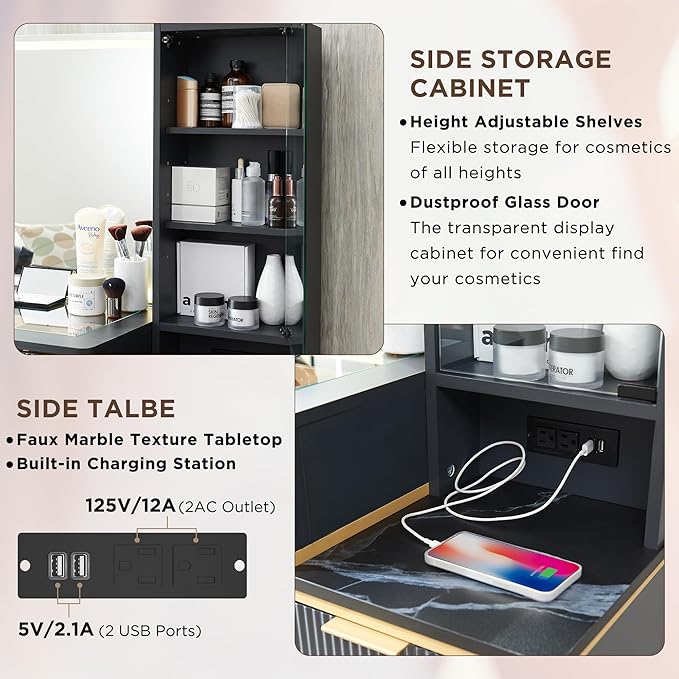 T4TREAM Fluted Makeup Vanity Desk with 36" HD Lighted Mirror, 48" Big Modern Vanity Desk with Mirror and Lights, Dressing Table with 5 Drawers & Shelves, Glass Top for Bedroom, Dark Grey