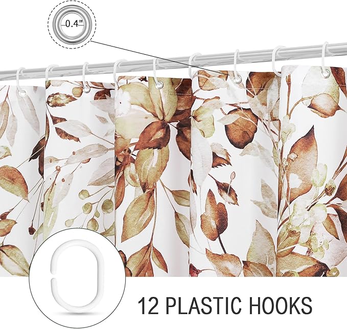 Gibelle Small Stall Shower Curtain 36 x 72, Narrow Brown Floral Shower Curtain for Bathroom, Watercolor Plant Eucalyptus Leaves Fabric Shower Curtain Set with Hooks