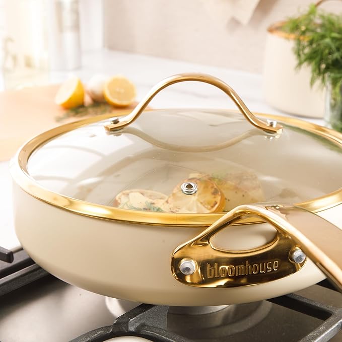 bloomhouse 10 Inch Heavy Duty Aluminum Premium PFA Free Ceramic Nonstick Saute/Deep Frying Pan Skillet with Lid - Almond Cream w/Gold Handle
