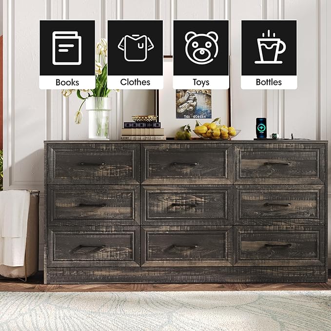 Fameill Dresser for Bedroom, 9 Drawer Wide Dresser Organizer with Charging Station, TV Stand for Livingroom, Chest of Drawers with Metal Handles, Dark Brown