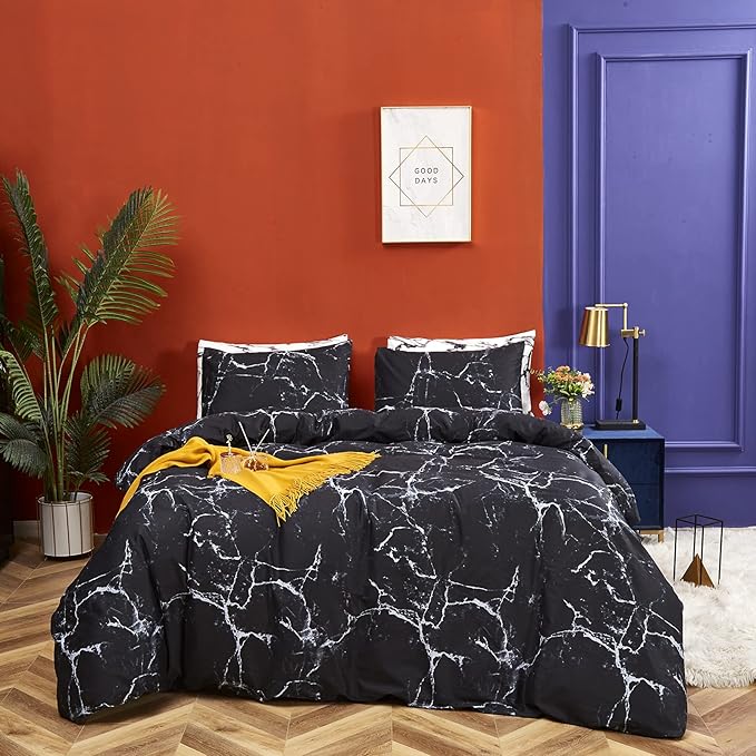 CLOTHKNOW Black White Grey Full Size Comforter Sets Marble Bedding Comforter Sets Soft All Season Black Comforters with 2 x Pillow Cases