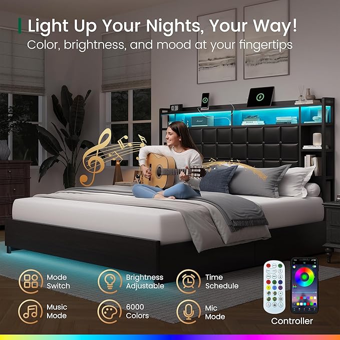 King Size Bed Frame with 4 Storage Drawers and Bookcase Headboard, Faux Leather Upholstered, Wooden Platform Bed Frame with Charging Station and LED Lights, No Box Spring Needed, Black