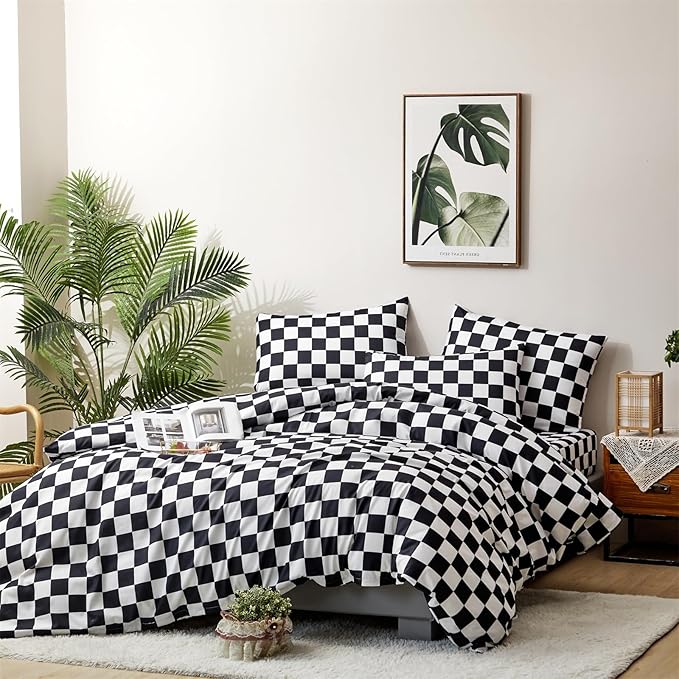 CLOTHKNOW Black White Plaid King Size Comforter Set 3Pcs Grid Bedding Comforter Sets Soft Checkered Comforter Black White Comforter with 2 x Pillow Cases