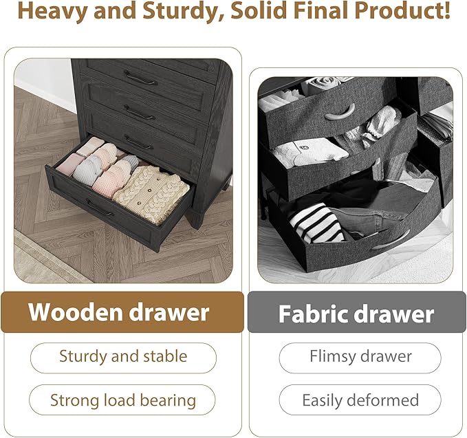 GarveeHome 5 Dresser for Bedroom, 41.3" Tall Vertical Drawer Dresser with Large Storage, Freestanding Wooden Closet Chest for Bedroom, Living Room, Black