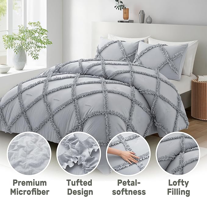 Bonlino King Comforter Set Soft Bedding - 3 Pcs Tufted Decor Fluffy Comforter Boho Bed in a Bag with Cute Lightweight Pillowcase for Dorm Farmhouse Bedroom Luxury Gift(Light Grey)