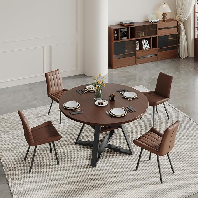 45.3" Walnut Round Dining Table Set with 2 Chairs – Mid-Century Modern Small-Space Kitchen & Dining Room Furniture for Apartment or Breakfast Nook (Walnut – Storage Table + 2 Brown Chairs)