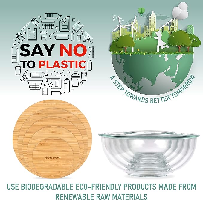 Stackable Space-Saving Set of 5 Nesting Glass Bowls with Bamboo Lids for Foodprep, Storage, Baking, Mixing & Cooking, Microwave & Oven Safe BPA Free Heat Resistant Inert Borosilicate Glass