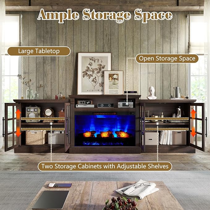 97" Farmhouse TV Stand with 33" Fireplace for TVs up to 100", Media Entertainment Center with Large Storage Cabinet and Adjustable Shelves for Living Room, Rustic Brown