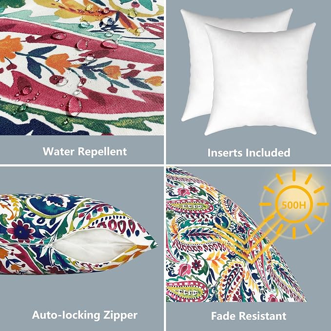 LVTXIII Outdoor/Indoor Throw Pillows, Decorative Throw Pillows with Inserts, 18"x18" Square Pillows for Bed, Couch, Sofa and Patio Furniture, Set of 2, Vigour Paisley