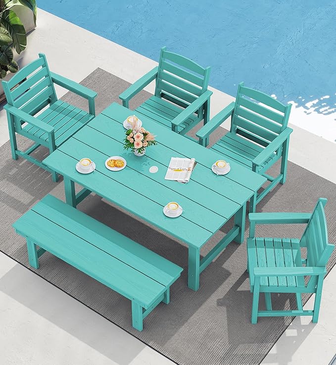 SERWALL Outdoor Dining Set for 6, HDPE Dining Furniture Set with Umbrella Hole Cut-Out Table and 1 Dining Bench and 4 Chairs, All Weather Outdoor Dining Bench Sets, Aruba