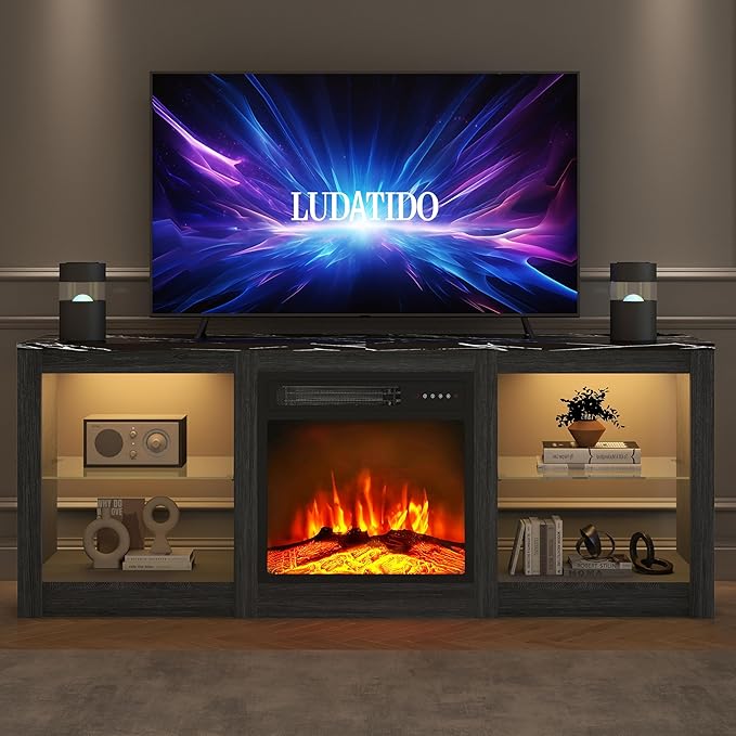 Ludatido 58 Inch TV Stand with 18 inch Fireplace Insert LED Light Entertainment Center Electric Fireplace TV Stand with USB&AC Power Interface for Living Room/Bedroom/Media Room Use(Black)