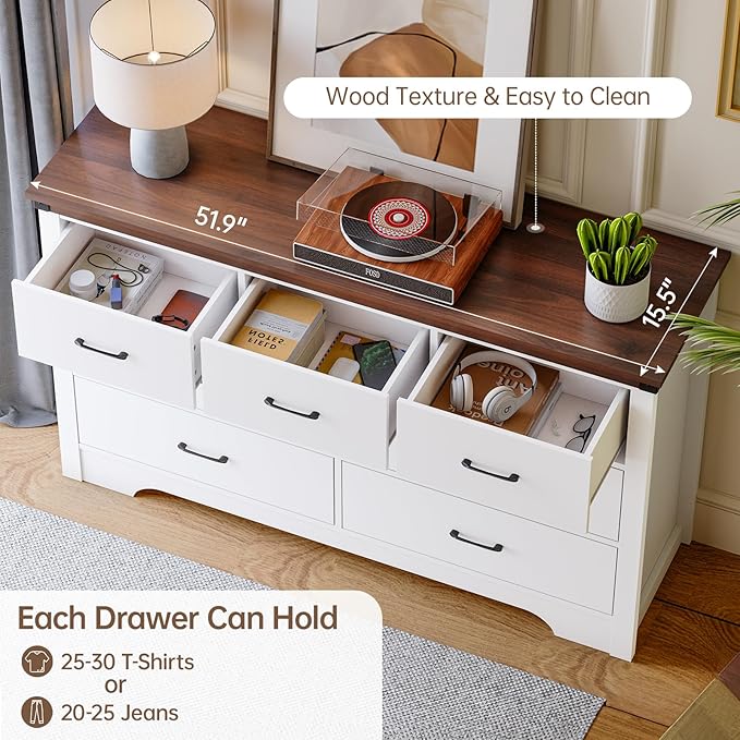 Farmhouse 7 Drawer Dresser For Bedroom, 51" Wide Chest Of Drawers, Wood White Dresser With Metal Handle And Anti-Tipping Device, Storage Dressers Organizer For Bedroom, Living Room, Hallway, White