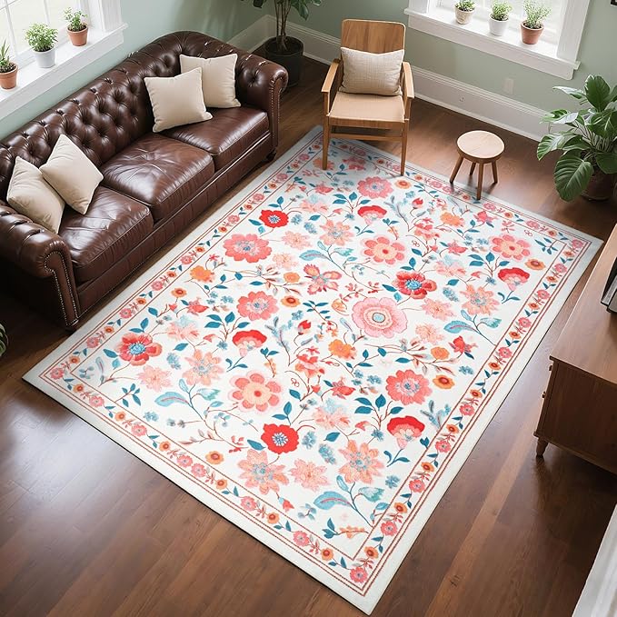 Living Room Rug 6x9 Rug, Machine Washable Area Rug Non Slip Low Pile Floral Rug for Living Room, Bedroom, Farmhouse, Dining Room, Kids Playroom, Beige