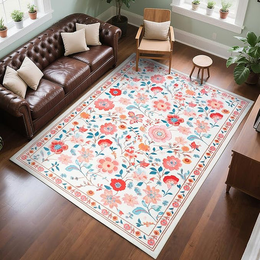 Living Room Rug 6x9 Rug, Machine Washable Area Rug Non Slip Low Pile Floral Rug for Living Room, Bedroom, Farmhouse, Dining Room, Kids Playroom, Beige
