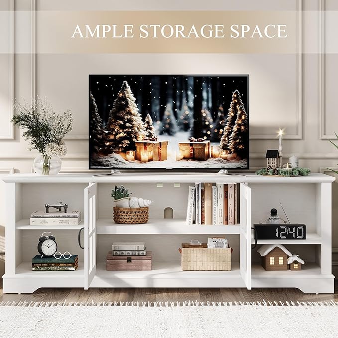 LINSY HOME TV Stand for 75 Inch TV, 68" Long Entertainment Center with LED Lights and Glass Door Storage Cabinet, Modern Farmhouse Wood TV Console Table for Living Room, Bedroom, White