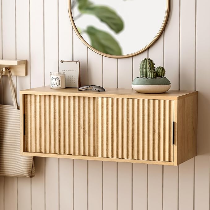 Fluted Floating TV Stand, 30" Multi-Purpose Modern TV Display Shelf Console Entertainment Center Cabinet with Sliding Doors for Bedroom Living Room Entryway, Natural Oak